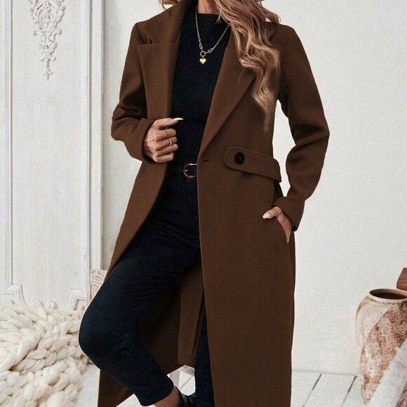 Coffee Brown Casual Women's Notched Collar long coat